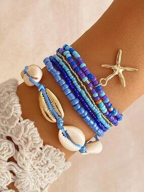 7 Pc Set Colorful Shell Bracelet Anklet Boho Beaded Stretch Beach Summer Theme